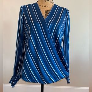WHBM Long sleeve stripe crossover v neck bubble hem blouse cobalt blue